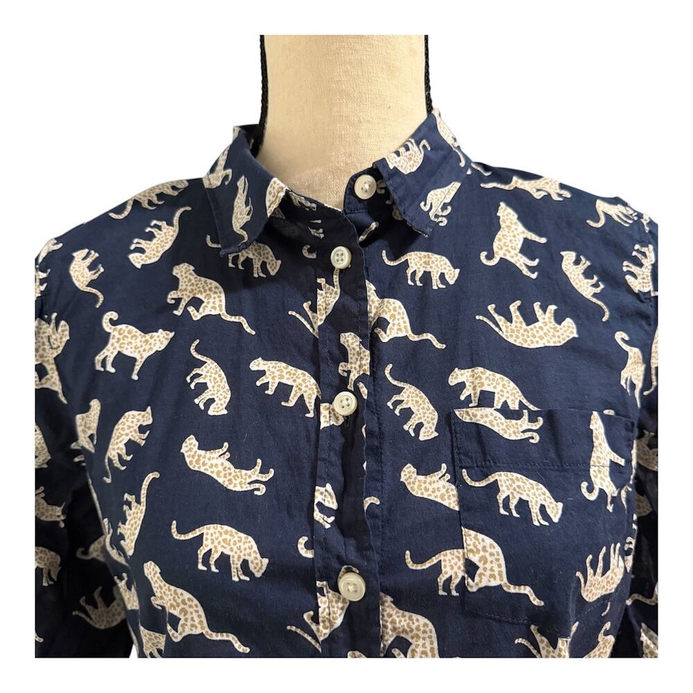 J. Crew Wmns Navy Blue Gold Jaguar Graphic 100% Cotton Button Down Sz M Classic